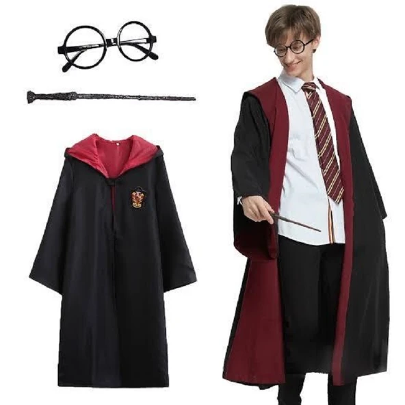 Harry Potter Gryffindor Kapişonlu Çocuk Kostüm + Asa + Gözlük Seti 9-10 Yaş ürün görseli 1