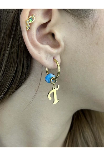 Harf Küpe, Kararmayan Paslanmaz Çelik, T Harf, Nazar Detaylı, Altın Renk, Model167 ürün görseli 1