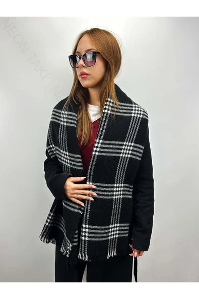 Siyah Fonda Beyaz Desenli, Şal Atkı 4, 180cm(PÜSKÜLLER DAHİL)x70cm - 2
