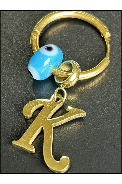 Harf Küpe, Kararmayan Paslanmaz Çelik, K Harf, Nazar Detaylı, Altın Renk, Model163 - Resim 4