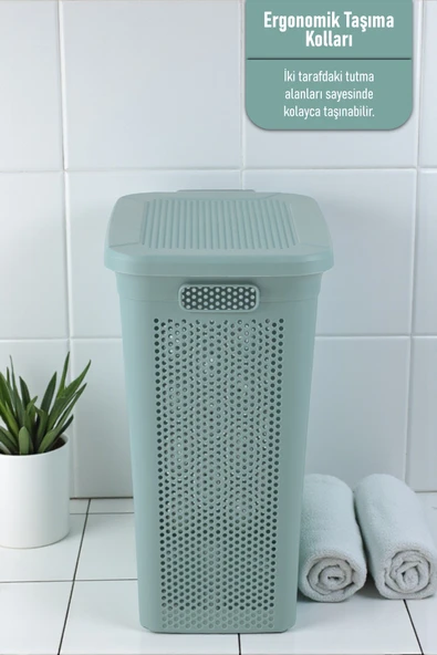 İronika Slim Kapaklı Dekoratif Kirli Çamaşır Sepeti 45 Litre - Yeşil - 4