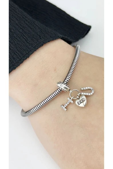 Charm, Zirkon Taşlı, Kararmayan, Seni Seviyorum Detaylı, BİLEKLİK DAHİL DEĞİL, Gümüş Renk, Model42 - Resim 3