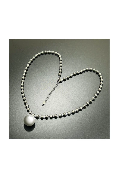 Kolye, Kararmayan Paslanmaz Çelik, Küre Detaylı, Top Zincirli, Gümüş Renk, Model234 - Resim 3
