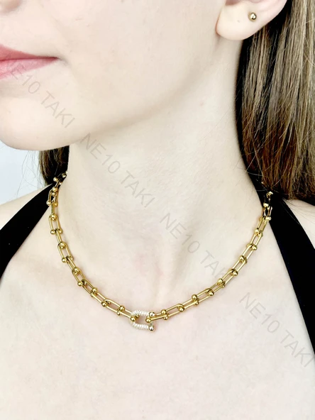 Kolye, Zirkon Taşlı, Kararmayan Paslanmaz Çelik, Orta Tek Halkası Taşlı, Altın Renk, Model104 - Resim 2