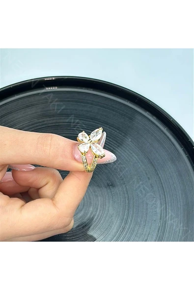 Yüzük, Zirkon Taşlı, Kararmayan Çelik, Kelebek Detaylı, Ölçü Ayarlanabilir, Altın Renk, Model42 - Resim 2