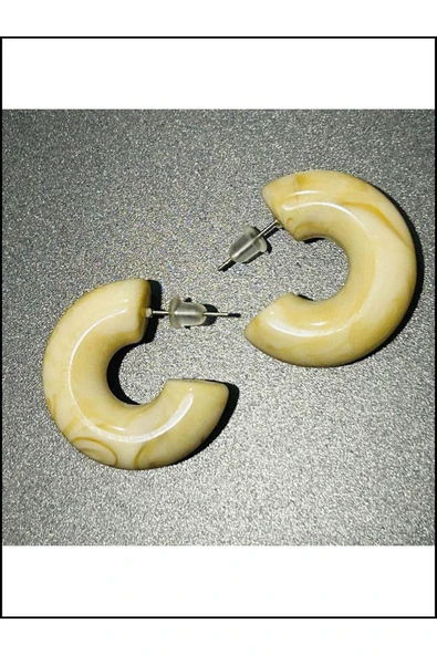 Bej Ve Kahve Mermer Görünümlü, Yarım Halka Model, Küpe 436, Krem Renk - 4