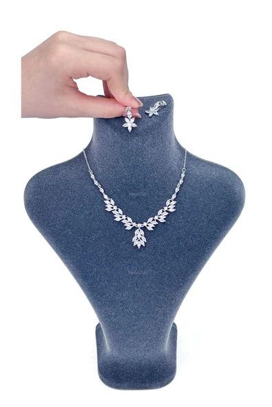 Zirkon Taşlı, Rodyum Kaplama Kolye Küpe Seti 58, Gümüş Renk - 1