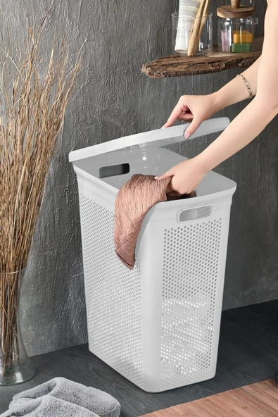 İronika Slim Kapaklı Dekoratif Kirli Çamaşır Sepeti 45 Litre - Beyaz
