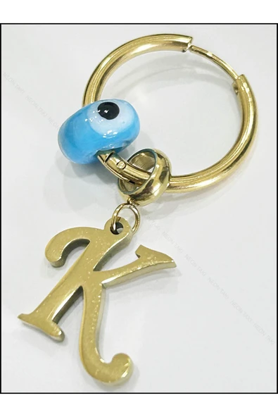 Harf Küpe, Kararmayan Paslanmaz Çelik, K Harf, Nazar Detaylı, Altın Renk, Model163 - Resim 3