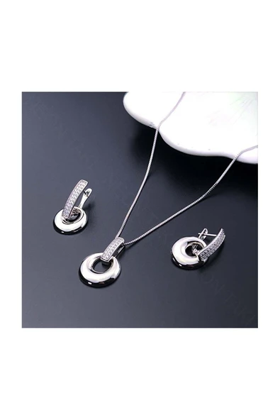 Zirkon Taşlı, Küpe Ve Kolye, Platinyum Kaplama Çelik Set 42, Gümüş Renk - 3