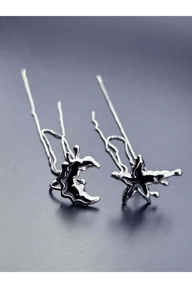 Küpe, Kararmayan Çelik, Kıkırdak bölgesi, Kore Tarzı, Ay ve Yıldız Detaylı, Gümüş Renk, Model595 ürün görseli 1