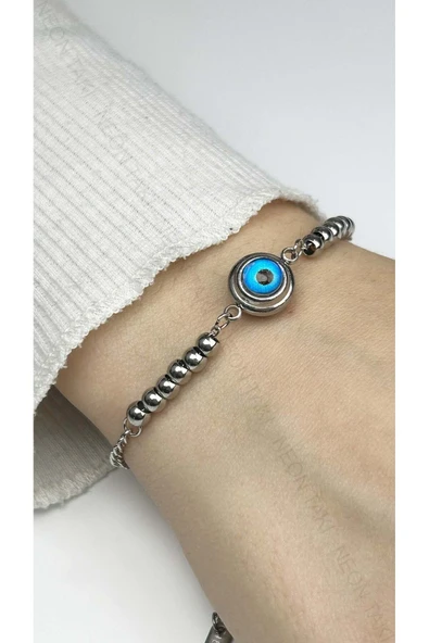 Bileklik, Kararmayan Paslanmaz Çelik, Göz ve Topçuk Detaylı, Gümüş Renk, Model369 - Resim 2