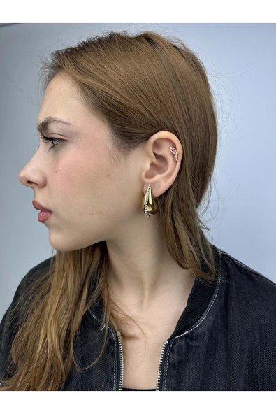 Küpe, Zirkon Taşlı, Kararmayan Paslanmaz Çelik, Damla Model, Altın Renk, Model402 - Resim 2