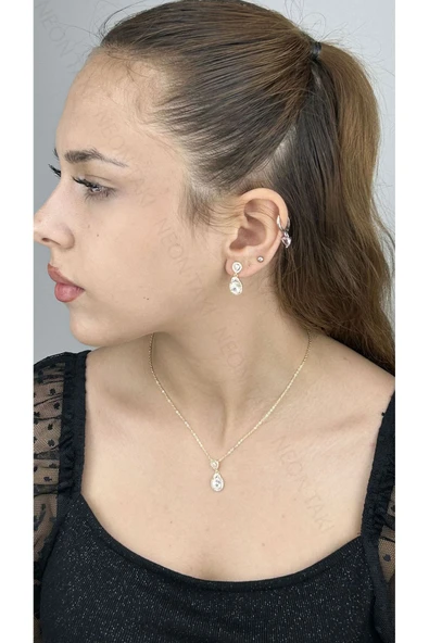 Zirkon Taşlı, Rodyum Kaplama Kolye Küpe Seti 56, Altın Renk - 2