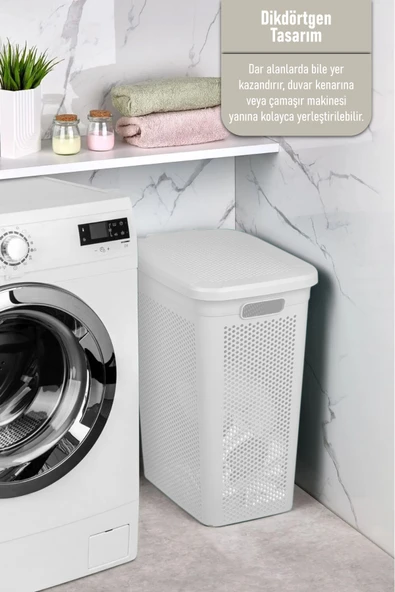 İronika Slim Kapaklı Dekoratif Kirli Çamaşır Sepeti 45 Litre - Beyaz - 2