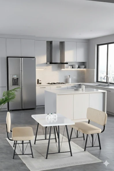 Elfin 70x110cm Sabit Beyaz, Yemek Masası, Yemek Masası Takımı, 2 Krem Benchli