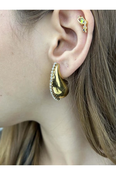 Küpe, Zirkon Taşlı, Kararmayan Paslanmaz Çelik, Damla Model, Altın Renk, Model402 - Resim 3