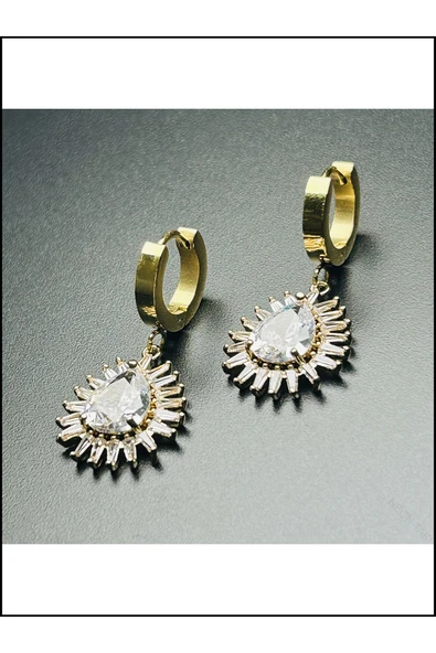 Küpe, Zirkon Taşlı, Kararmayan Paslanmaz Çelik, Sallantılı, Altın Renk, Model489 - Resim 3