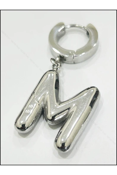 Harf Küpe, Kararmayan Paslanmaz Çelik, M Harf, Balon Formlu, Gümüş Renk, Model297 - Resim 6