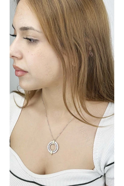 Zirkon Taşlı, Halka Model, Paslanmaz Çelik Kolye 337, Gümüş Renk - 2