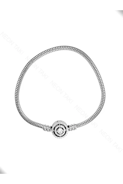 Zirkon Taşlı, Dairesel Klips, Paslanmaz Çelik, Charm Taşıyıcı Pan Bileklik 131, 17cm, Gümüş Renk - 3