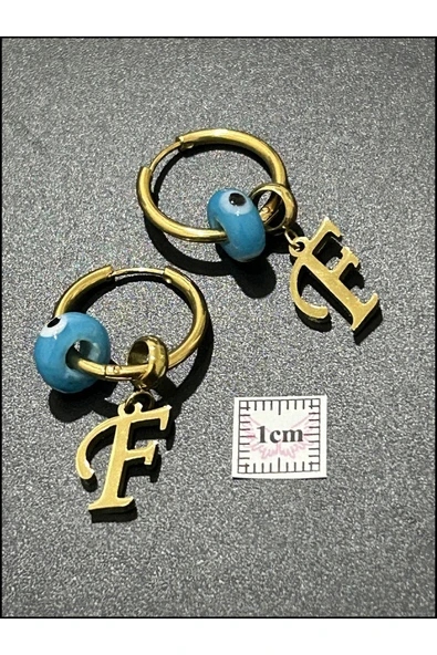 Harf Küpe, Kararmayan Paslanmaz Çelik, F Harf, Nazar Detaylı, Altın Renk, Model160 - Resim 5