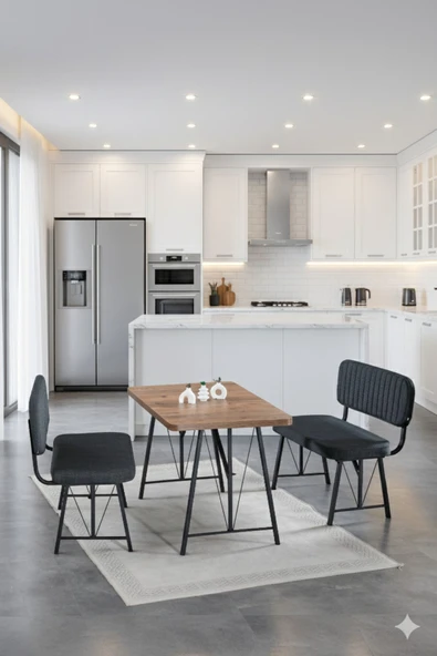 Elfin 70x110cm Sabit Atlantik, Yemek Masası, Yemek Masası Takımı, 2 Antrasit Benchli