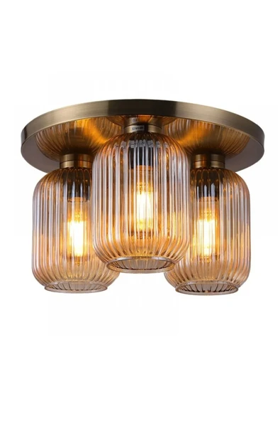 Mat Altın Eskitme Kaplama Gövde 40 cm 3lü Üçlü Bal Cam Tavan Avize