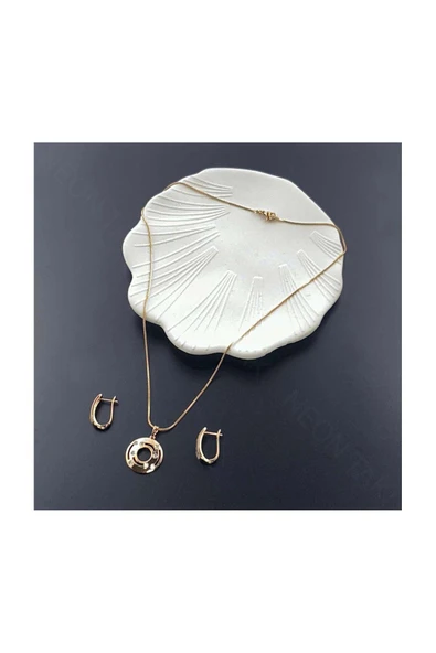 Zirkon Taşlı, Küpe Ve Kolye, Altın Kaplama Çelik Set 41, Pembe (ROSE) Renk - 4