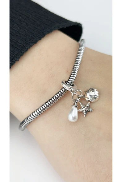 Charm, Kararmayan, İnci, Midye ve Deniz Yıldızı Detaylı, BİLEKLİK DAHİL DEĞİL, Gümüş Renk, Model46 - Resim 3
