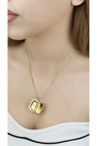 Kolye, Kararmayan Paslanmaz Çelik, Kapaklı, Mineli Model, Altın Renk, Model399 - Resim 3