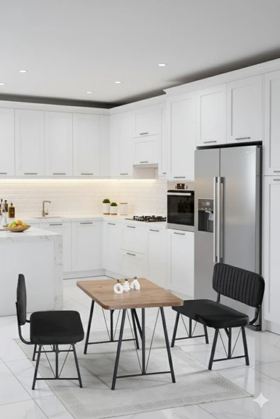 Elfin 70x110cm Sabit Atlantik, Yemek Masası, Yemek Masası Takımı, 2 Siyah Benchli