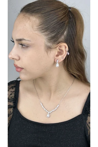 Zirkon Taşlı, Rodyum Kaplama Kolye Küpe Seti 54, Gümüş Renk - 5