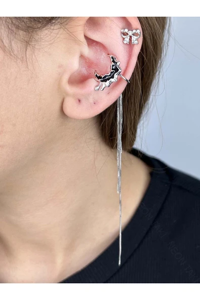 Küpe, Kararmayan Çelik, Kıkırdak bölgesi, Kore Tarzı, Ay ve Yıldız Detaylı, Gümüş Renk, Model595 - Resim 2