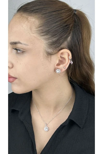 Zirkon Taşlı, Yuvarlak Model, Paslanmaz Çelik Kolye Ve Küpe Set48, Gümüş Renk - 1