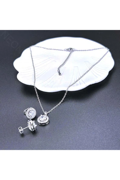 Zirkon Taşlı, Yuvarlak Model, Paslanmaz Çelik Kolye Ve Küpe Set48, Gümüş Renk - 3