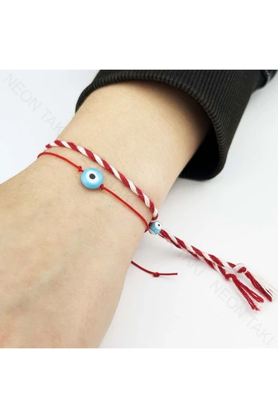 Marteniçka Bileklik, İp, İkili, Boncuklar Turkuaz Renk, Kırmızı Renk, Model5 ürün görseli 1