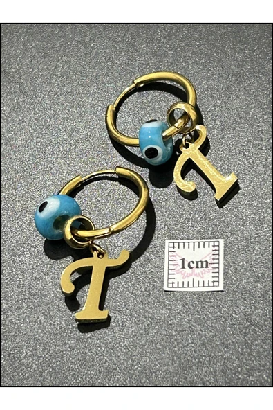 Harf Küpe, Kararmayan Paslanmaz Çelik, T Harf, Nazar Detaylı, Altın Renk, Model167 - Resim 5