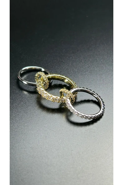 Zirkon Taşlı, Üçlü Yüzük 173, Gümüş ve Altın Renk, Ölçü 17mm - 2