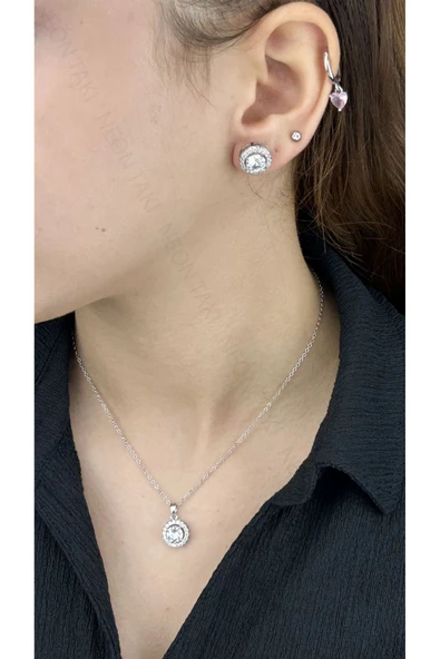 Zirkon Taşlı, Yuvarlak Model, Paslanmaz Çelik Kolye Ve Küpe Set48, Gümüş Renk - 2