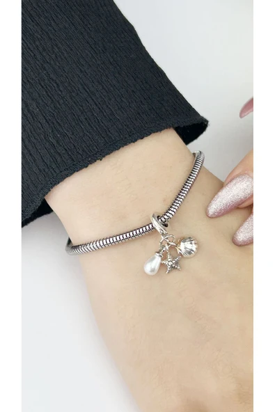Charm, Kararmayan, İnci, Midye ve Deniz Yıldızı Detaylı, BİLEKLİK DAHİL DEĞİL, Gümüş Renk, Model46 - Resim 4