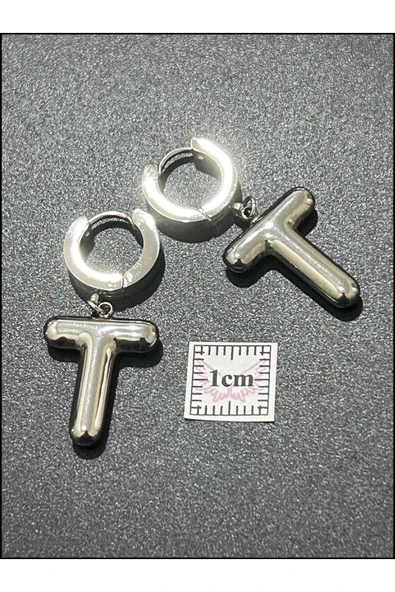 Harf Küpe, Kararmayan Paslanmaz Çelik, T Harf, Balon Formlu, Gümüş Renk, Model299 - Resim 5