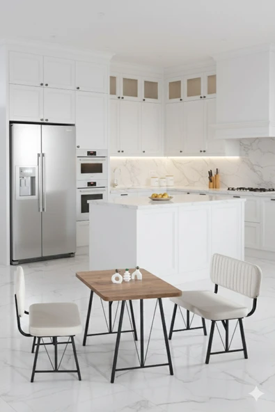 Elfin 70x110cm Sabit Atlantik, Yemek Masası, Yemek Masası Takımı, 2 Krem Benchli