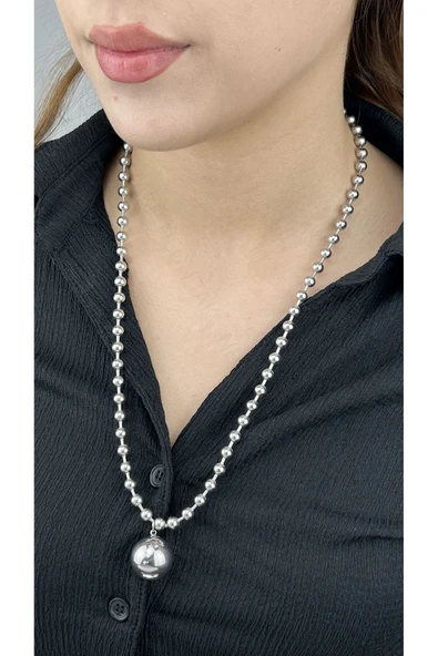 Kolye, Kararmayan Paslanmaz Çelik, Küre Detaylı, Top Zincirli, Gümüş Renk, Model234 - Resim 2