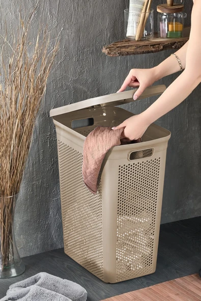 İronika Slim Kapaklı Dekoratif Kirli Çamaşır Sepeti 45 Litre - Kahve