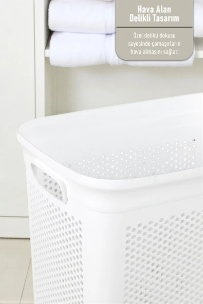 İronika Slim Kapaklı Dekoratif Kirli Çamaşır Sepeti 45 Litre - Beyaz - 3