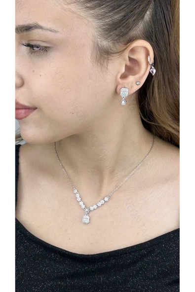 Zirkon Taşlı, Rodyum Kaplama Kolye Küpe Seti 53, Gümüş Renk - 3