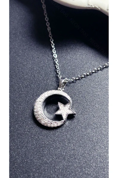 Kolye, Zirkon Taşlı, Kararmayan Paslanmaz Çelik, Ay ve Yıldız Detaylı, Gümüş Renk, Model402 ürün görseli 1