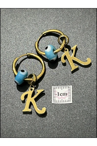 Harf Küpe, Kararmayan Paslanmaz Çelik, K Harf, Nazar Detaylı, Altın Renk, Model163 - Resim 5