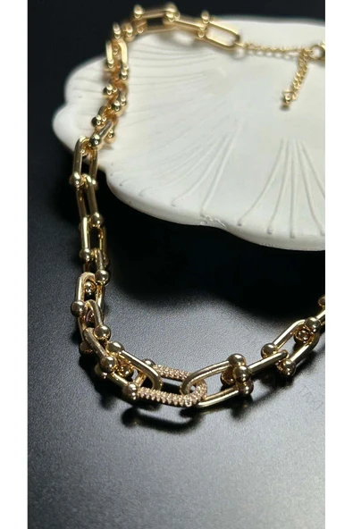 Kolye, Zirkon Taşlı, Kararmayan Paslanmaz Çelik, Orta Tek Halkası Taşlı, Altın Renk, Model104 - Resim 3